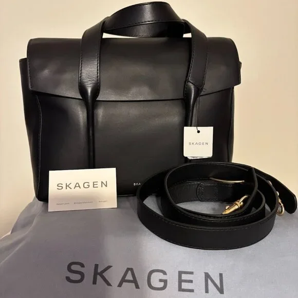 NEW SKAGEN Black Color Leather Handbag and Dust Bag - Picture 1 of 16